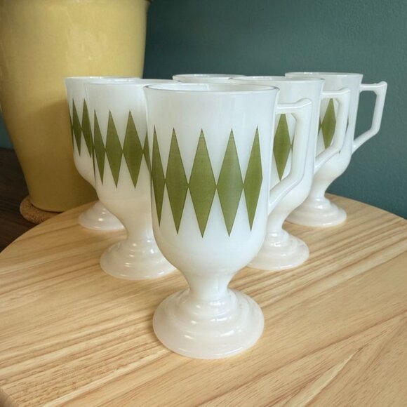 6 Vintage MCM Federal Milk Glass Footed Mugs Green Diamond Pattern 5.5" - Picture 1 of 10